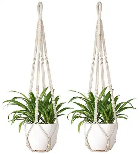 Mkono Macrame Plant Hanger Indoor Hanging Planter Basket with Wood Beads Decorative Flower Pot Holder No Tassels for Indoor Outdoor Boho Home Decor 35 Inch, Ivory, Set of 2