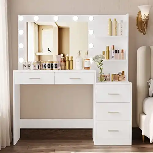 Rovaurx 46.7" Makeup Vanity Table with Lighted Mirror, Large Vanity Desk with Storage Shelf & 5 Drawers, Bedroom Dressing Table, 11 LED Lights, White RSZT106W