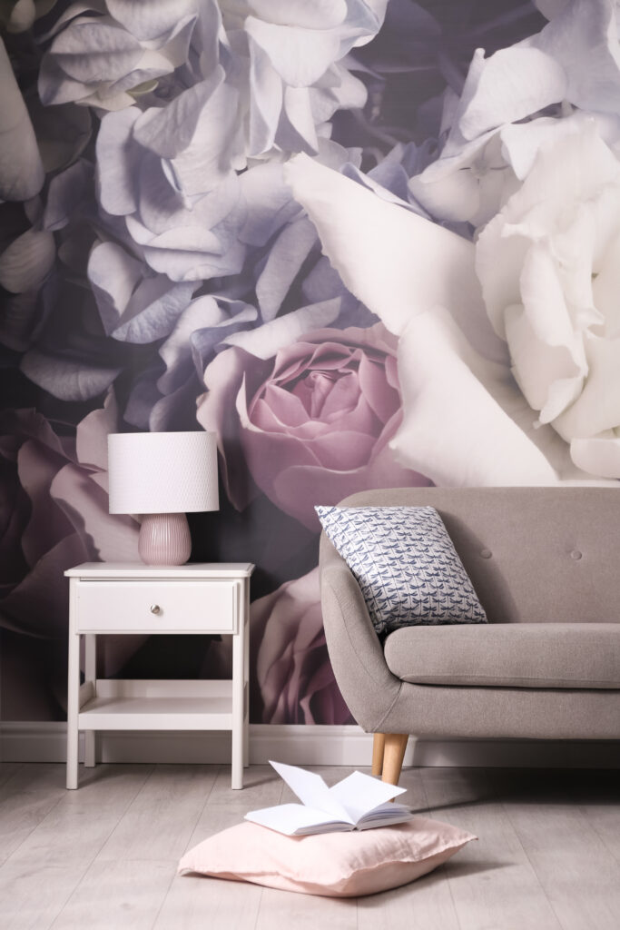 giant floral bloom wallpaper in greys and blush and lavenders