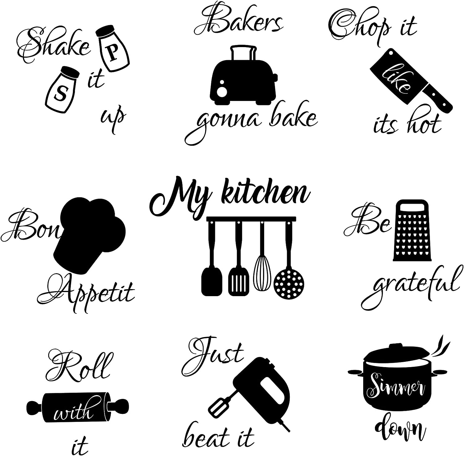 funny kitchen signs Seajan Kitchen Wall Stickers Kitchen Quotes Wall Decals with Funny Lettering Vinyl Fun Utensils Sticker Peel and Stick Wall Arts for Fridge Restaurant Bar Home Decoration (Black, Large)