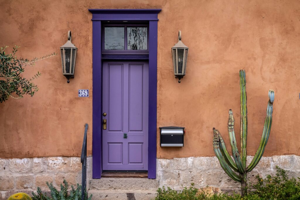 a purple front door, modern front porch ideas